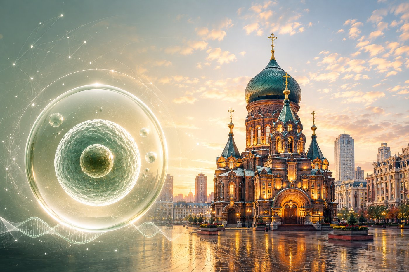 Harbin 2026 conference visual — a stylized oocyte over the Harbin riverside skyline